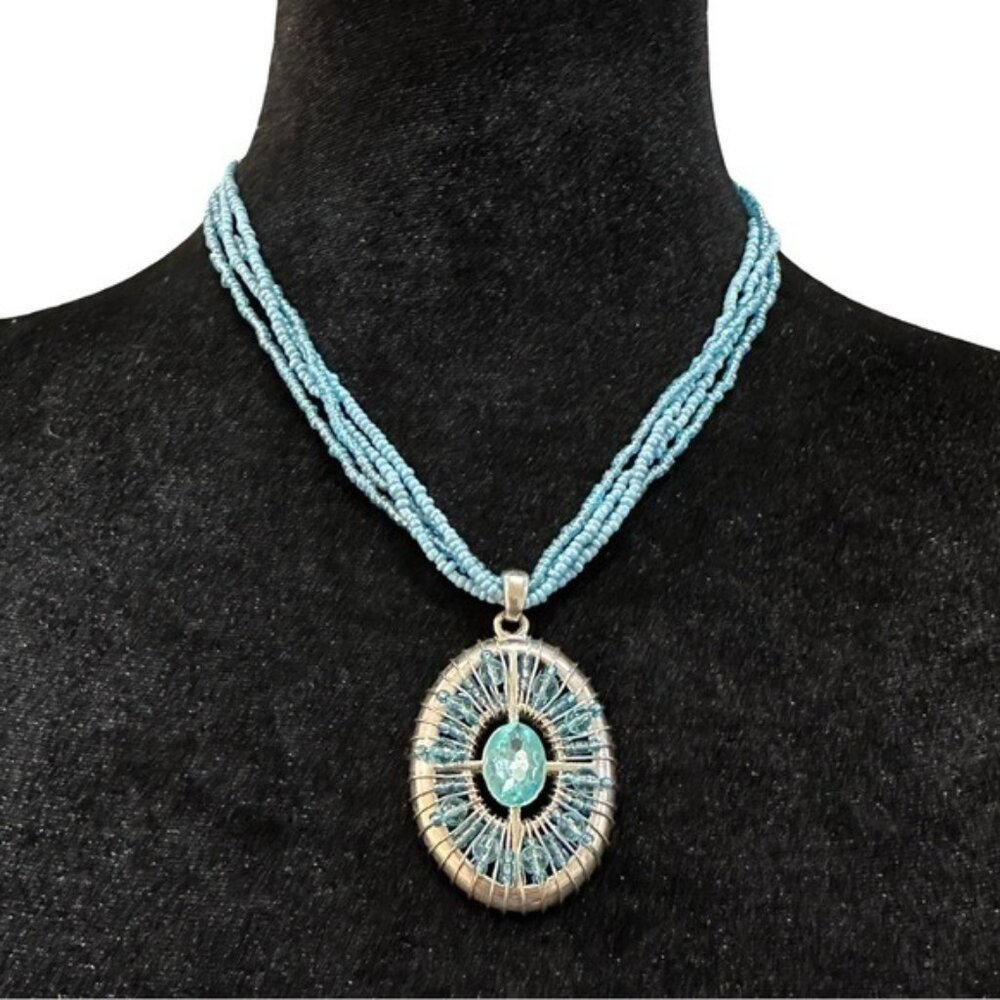 Blue Beaded Necklace With Silver Wire Wrapped Oval Pendant & Adjustable Chain